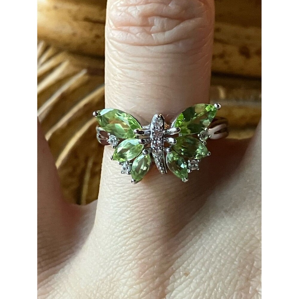 Natural Peridot Sterling Silver Butterfly Ring Size 8